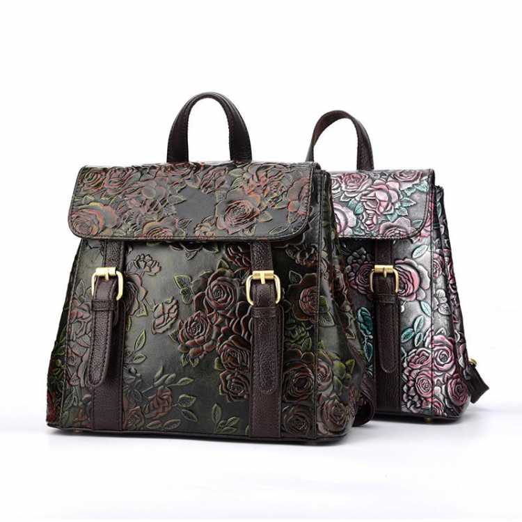 Natural Genuine Leather WOMEN Rucksack Girls School Knapsack Embossed Travel Retro Trends Rose Pattern Ladies Daypack Backpack