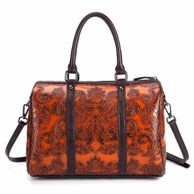 WOMEN Genuine Leather Embossed Top Handle Bags Large Capacity Travel Tote Bag Retro Cross Body Shopping Shoulder Messenger Bags