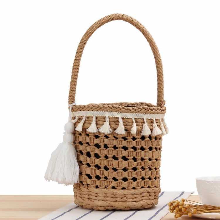 Portable bucket woven bag lace tassel straw bag summer vacation photo beach casual female bag